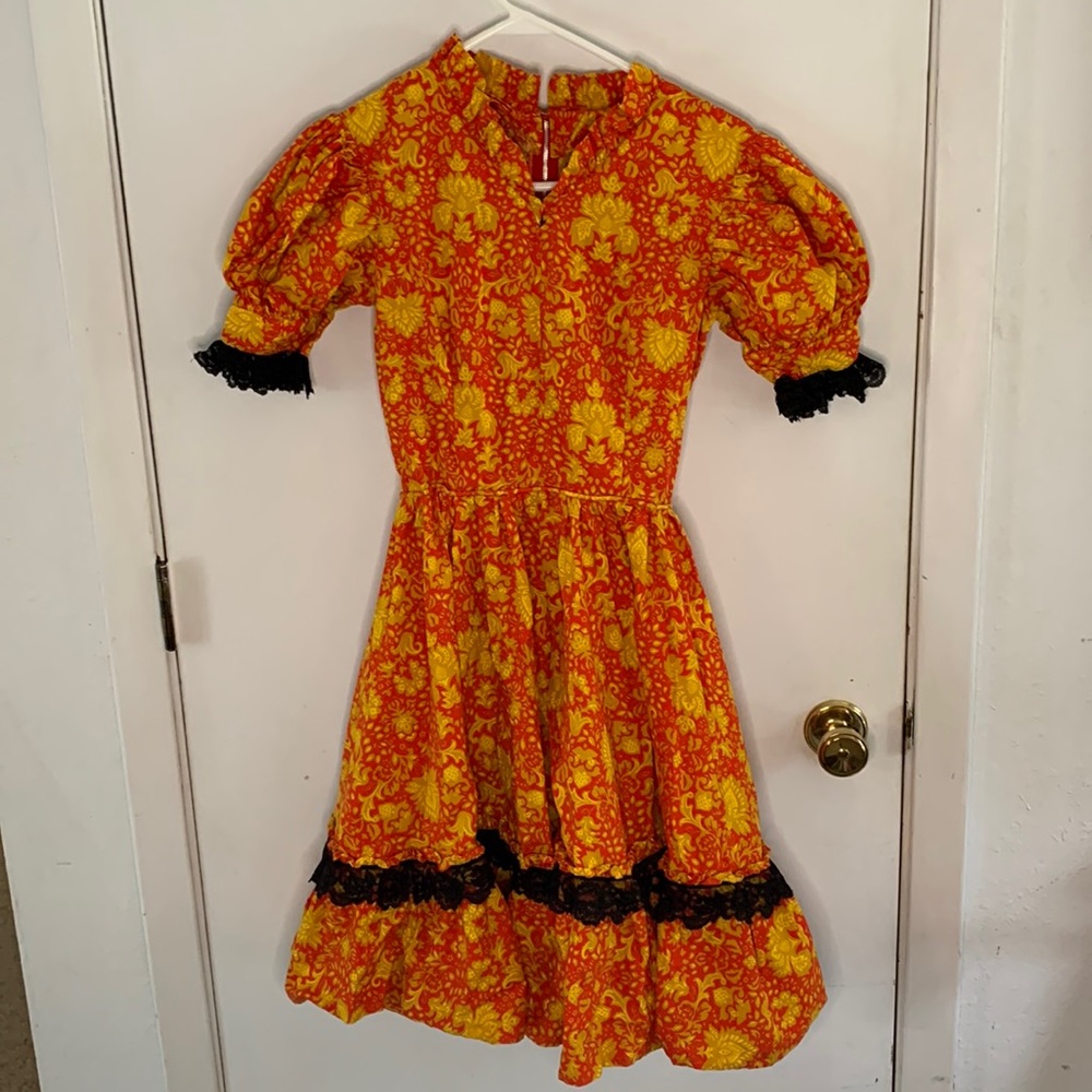 Handmade vintage orange and gold floral square dance dress Size Small